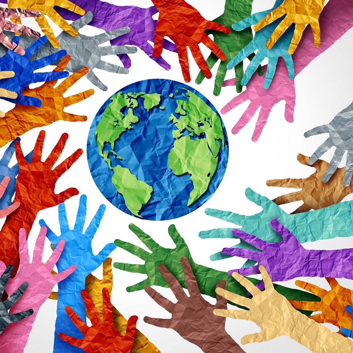 Handprints cut from multi-colored paper surround a paper globe.