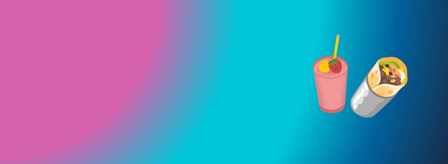 Colorful gradient banner featuring an illustrated smoothie and breakfast burrito on the right side.